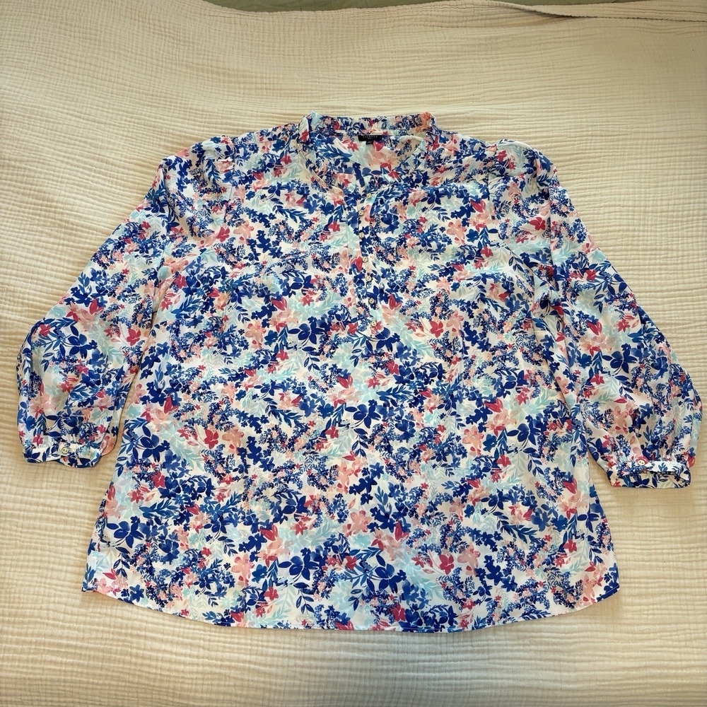 Talbots Blouse Ruffle Trim Popover Too Women's Sz 3X Plus Blue Pink Floral Sheer